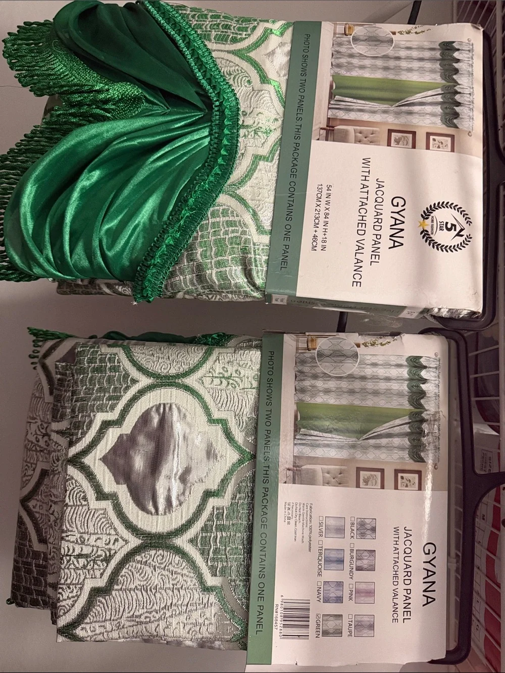 Emerald Green Jacquard Curtain Panel with Attached Valance